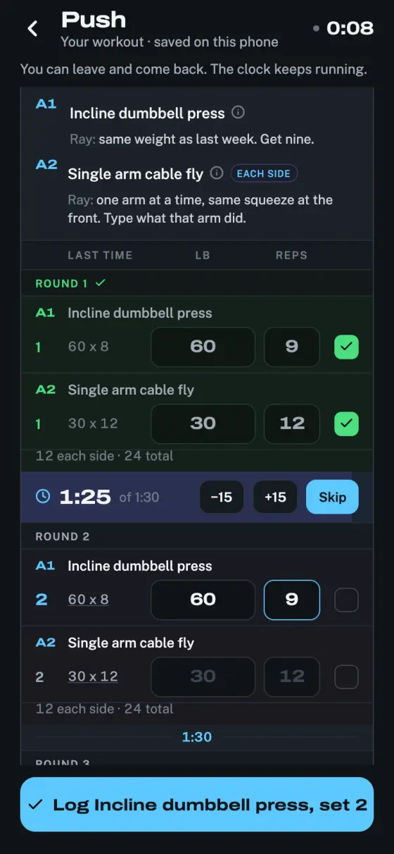 A client logging a workout. Superset A, round 1 done, and a rest timer counting down from 1 minute 30, with minus 15, plus 15 and skip.