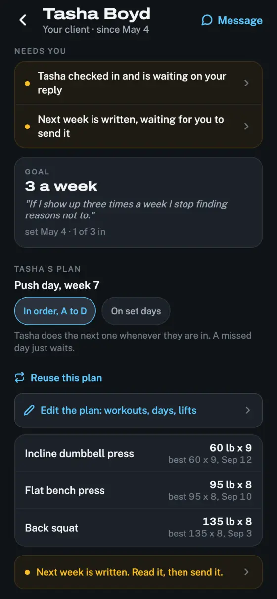 A sample client's record: what needs the coach, her goal of three sessions a week, her plan, and her best lifts.